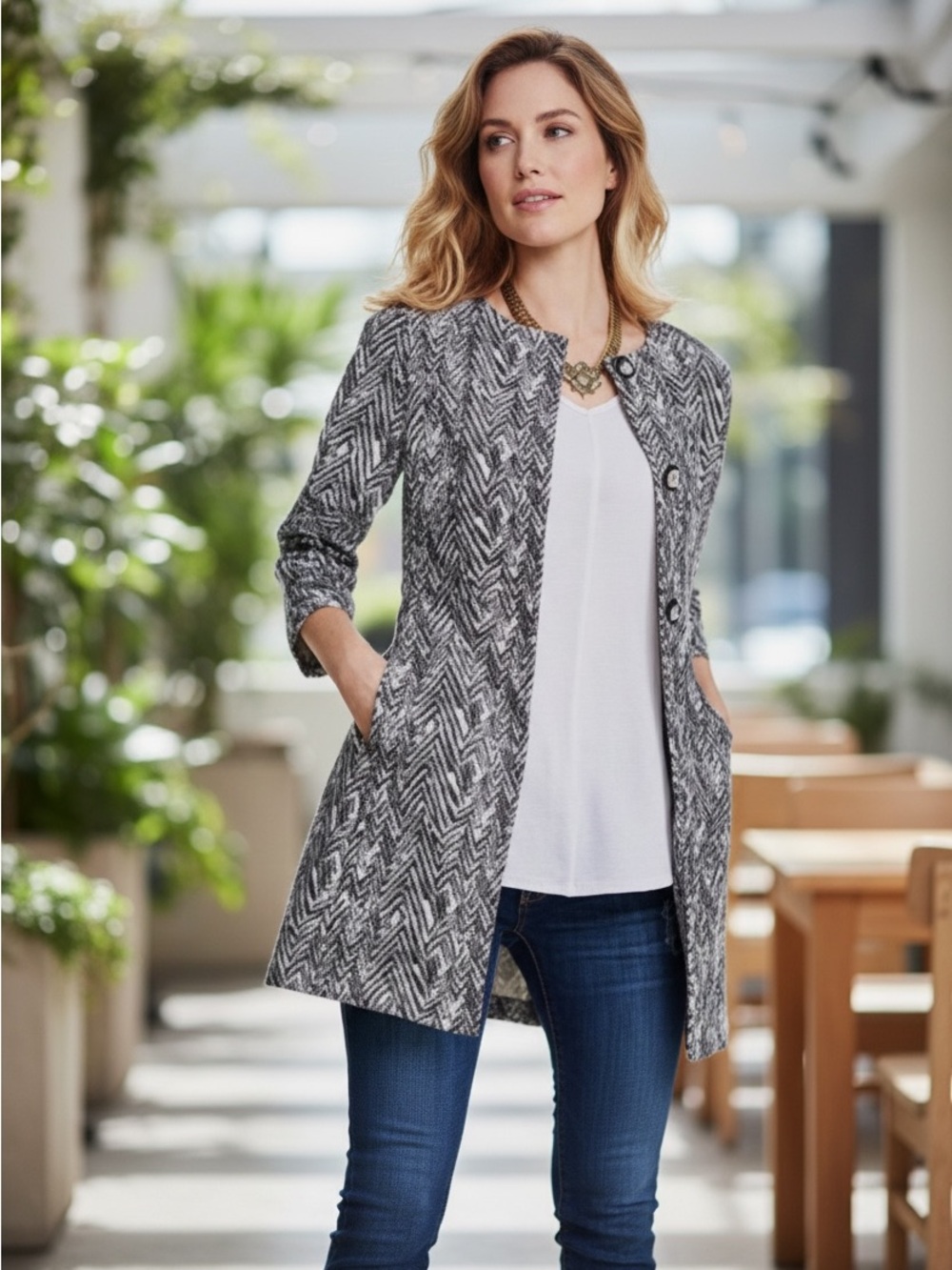 Cabi Ponte Button Front Black White Zig zag Pocket jacket